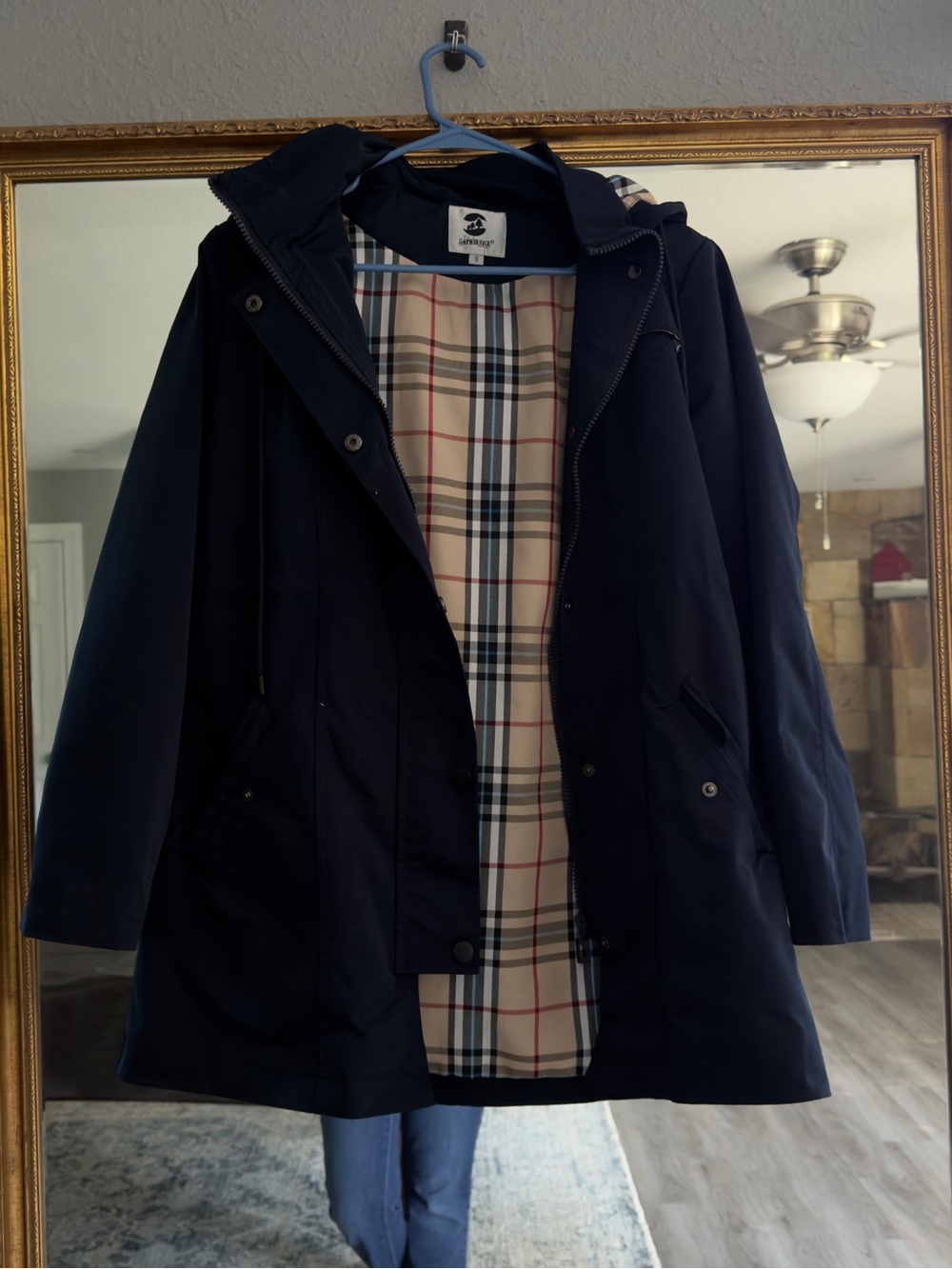 Women’s Navy Hooded Trench Coat with Checked Lining